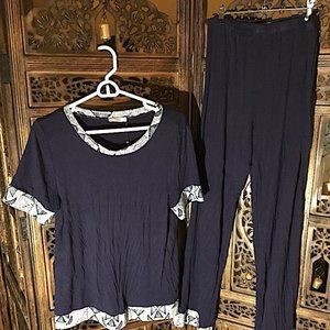 YAWOVE NAVY BLUE GEOMETRIC PRINT TRIM SHORT SLEEVE PAJAMA TOP AND PANTS SET M